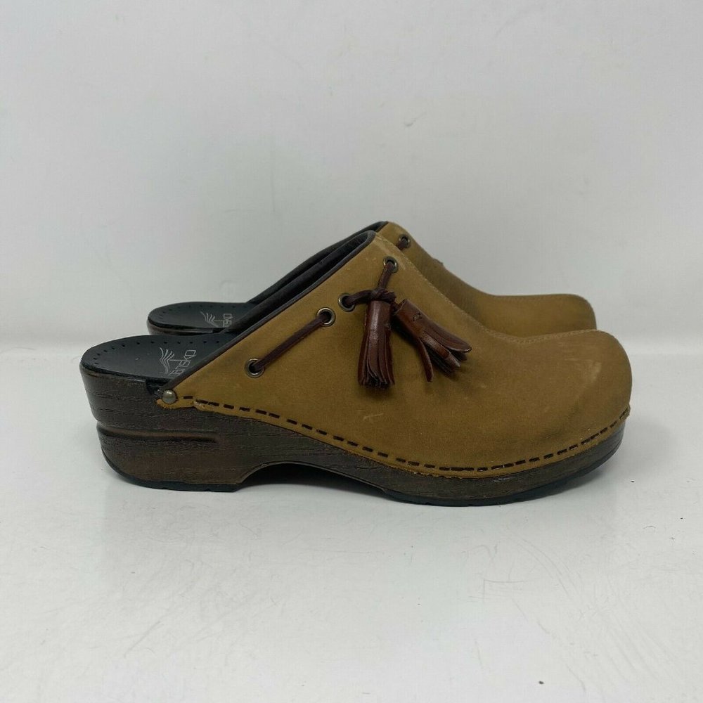 Dansko Mule Clogs Tassel Khaki Nubuck EU 38 Women 7.5 Comfort Slip On Boho